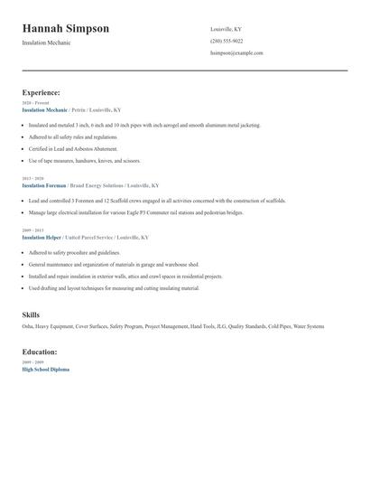 Insulation Mechanic Resume