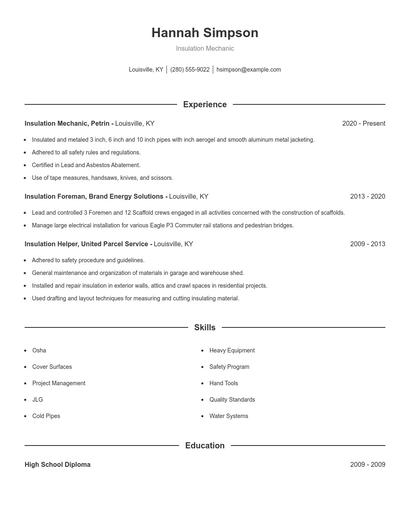 Insulation Mechanic Resume