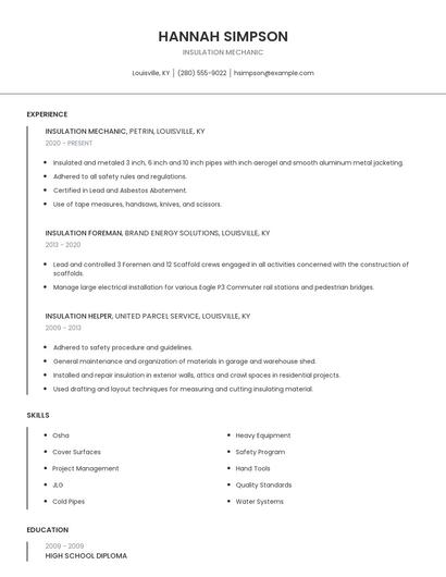 Insulation Mechanic Resume