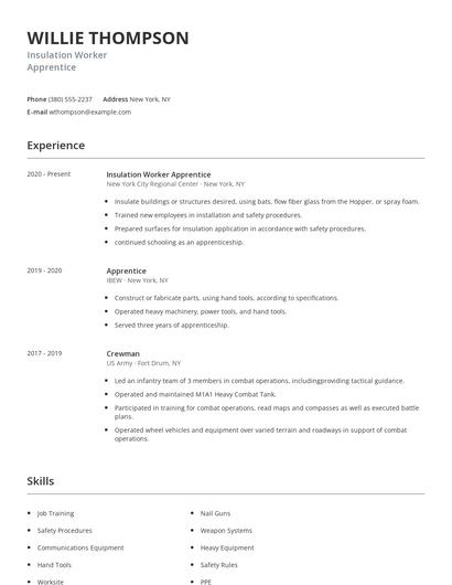 Insulation Worker Apprentice Resume