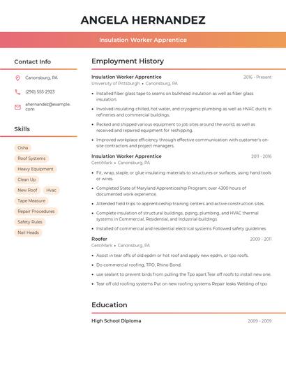 Insulation Worker Apprentice Resume