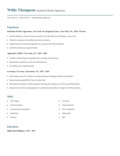 Insulation Worker Apprentice Resume