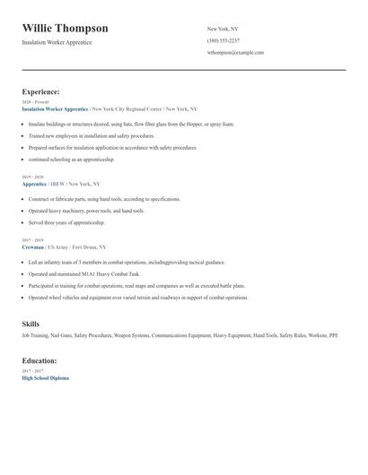 Insulation Worker Apprentice Resume