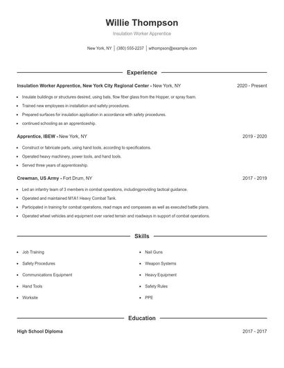 Insulation Worker Apprentice Resume