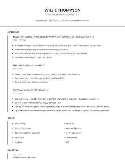 Insulation Worker Apprentice Resume