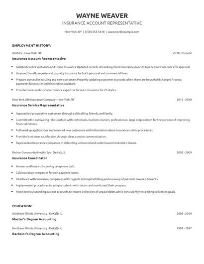 Insurance Account Representative Resume