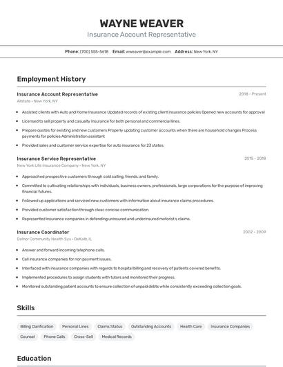Insurance Account Representative Resume