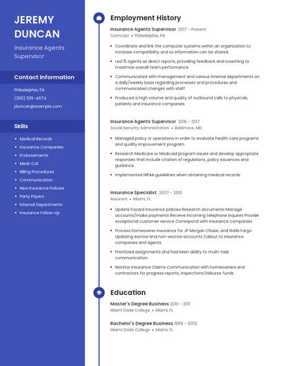 Insurance Agents Supervisor Resume