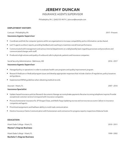 Insurance Agents Supervisor Resume