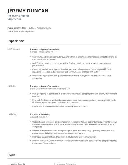 Insurance Agents Supervisor Resume