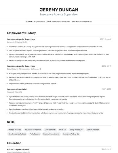 Insurance Agents Supervisor Resume
