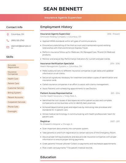 Insurance Agents Supervisor Resume