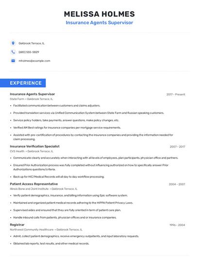 Insurance Agents Supervisor Resume