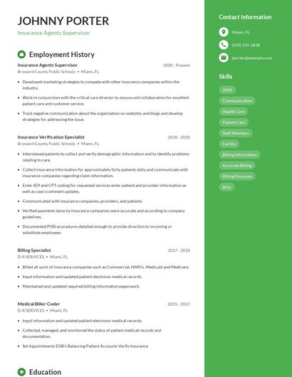 Insurance Agents Supervisor Resume