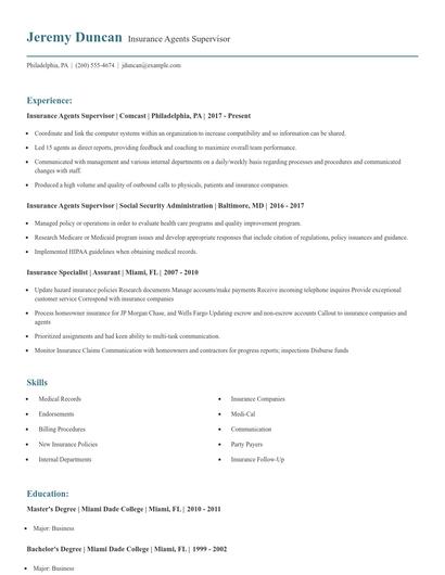 Insurance Agents Supervisor Resume