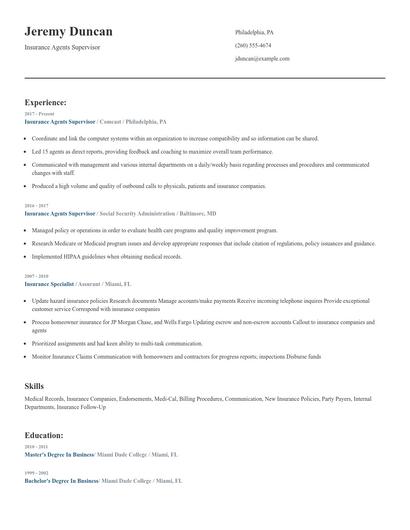 Insurance Agents Supervisor Resume