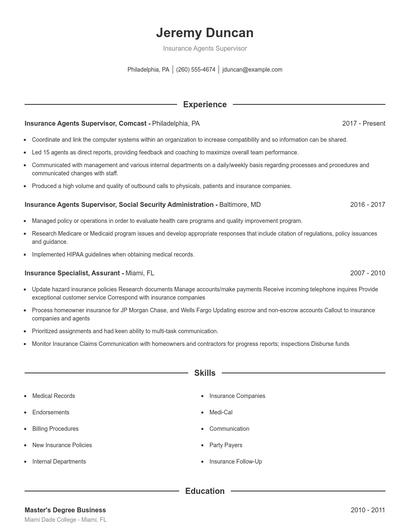 Insurance Agents Supervisor Resume