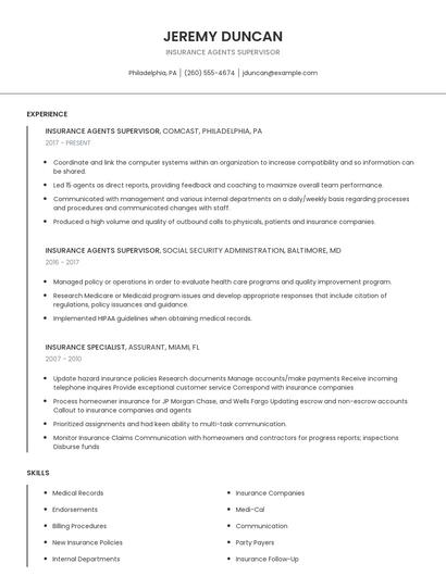 Insurance Agents Supervisor Resume
