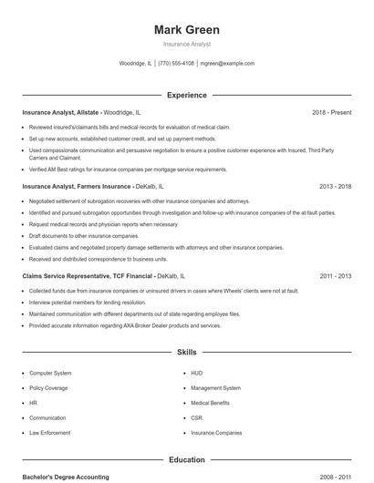 Insurance Analyst Resume