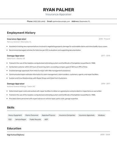 Insurance Appraiser Resume