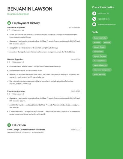 Insurance Appraiser Resume