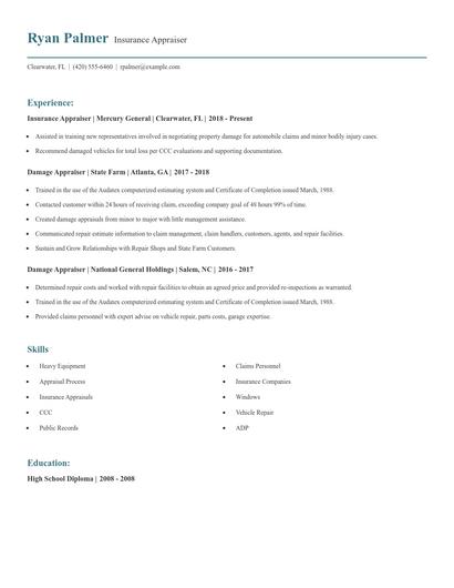 Insurance Appraiser Resume