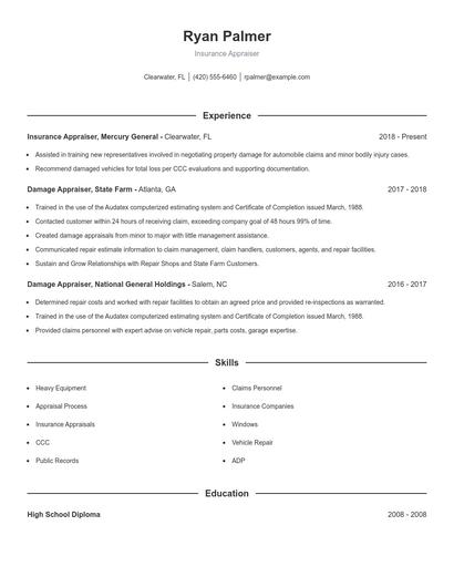 Insurance Appraiser Resume