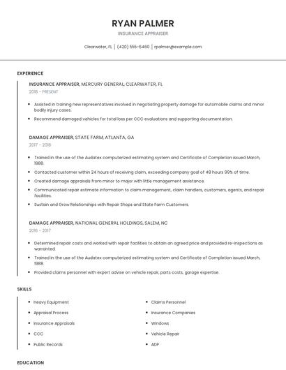 Insurance Appraiser Resume