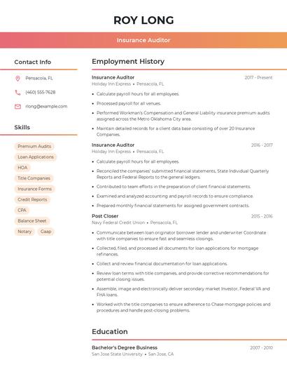 Insurance Auditor Resume