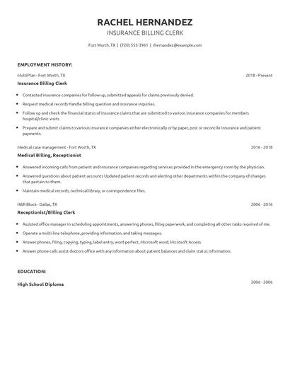 Insurance Billing Clerk Resume