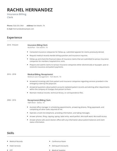Insurance Billing Clerk Resume