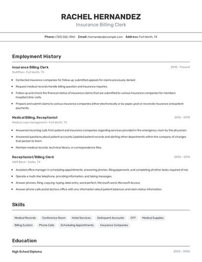 Insurance Billing Clerk Resume