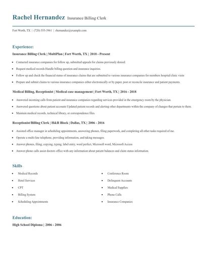Insurance Billing Clerk Resume