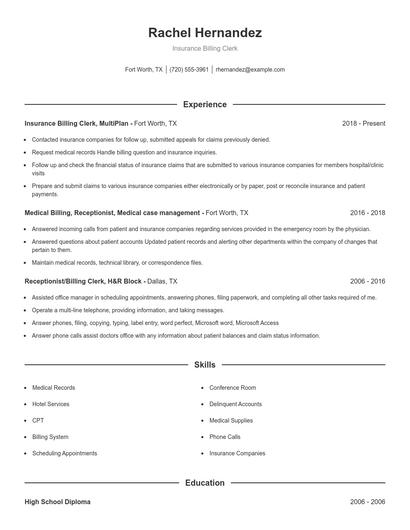 Insurance Billing Clerk Resume