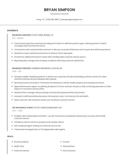 Insurance Broker Resume