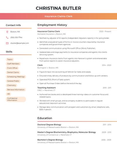 Insurance Claims Clerk Resume