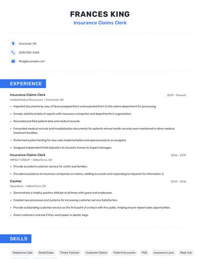 Insurance Claims Clerk Resume