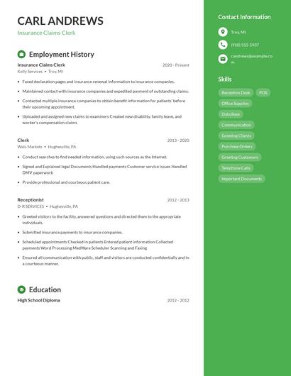 Insurance Claims Clerk Resume