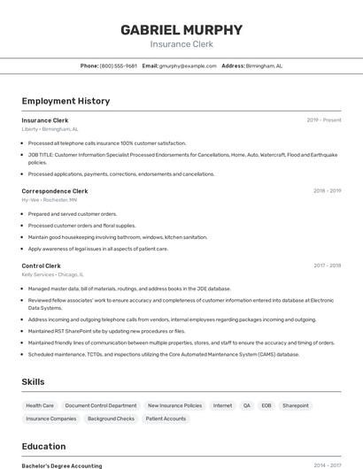 Insurance Clerk Resume