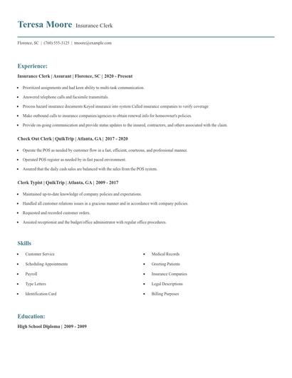 Insurance Clerk Resume