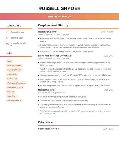 Insurance Collector Resume