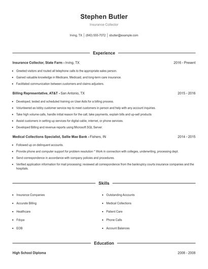 Insurance Collector Resume