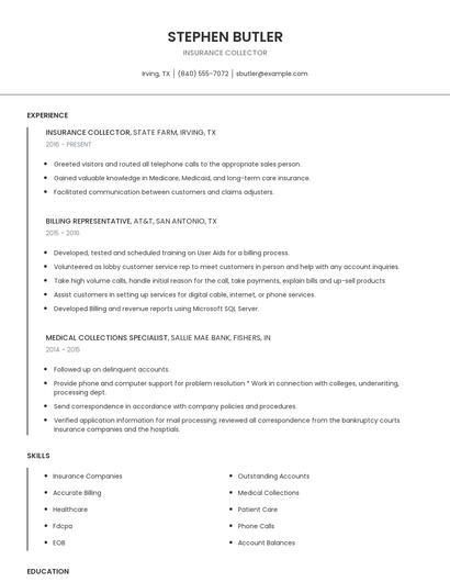 Insurance Collector Resume