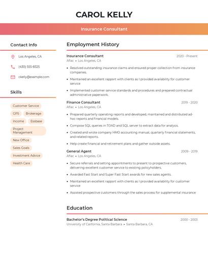 Insurance Consultant Resume