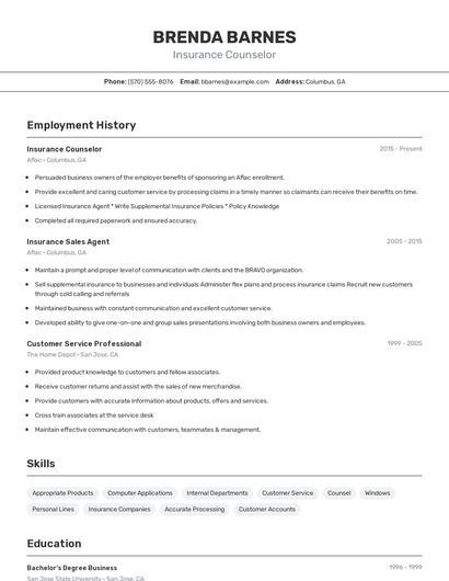 Insurance Counselor Resume