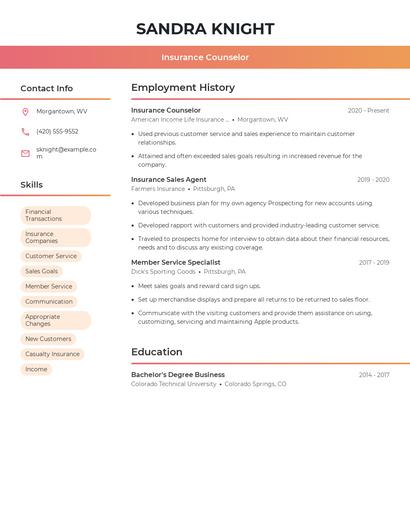 Insurance Counselor Resume