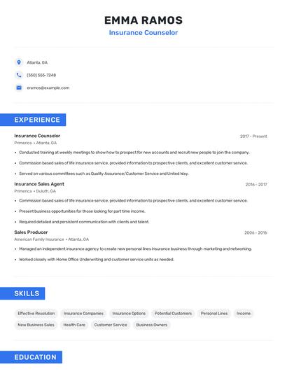 Insurance Counselor Resume