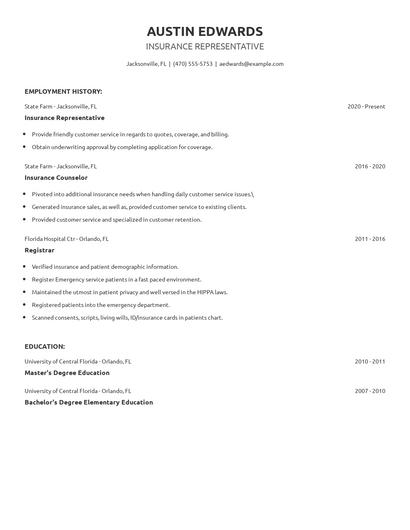 Insurance Representative Resume