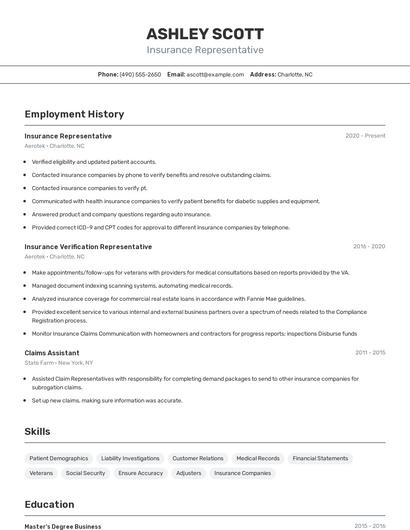 Insurance Representative Resume