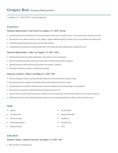 Insurance Representative Resume